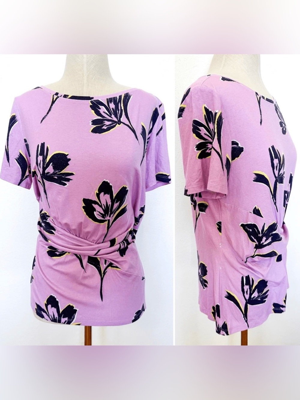 St. John Large Lavender Floral Twist Front Top Designer Old Money Resort Wear